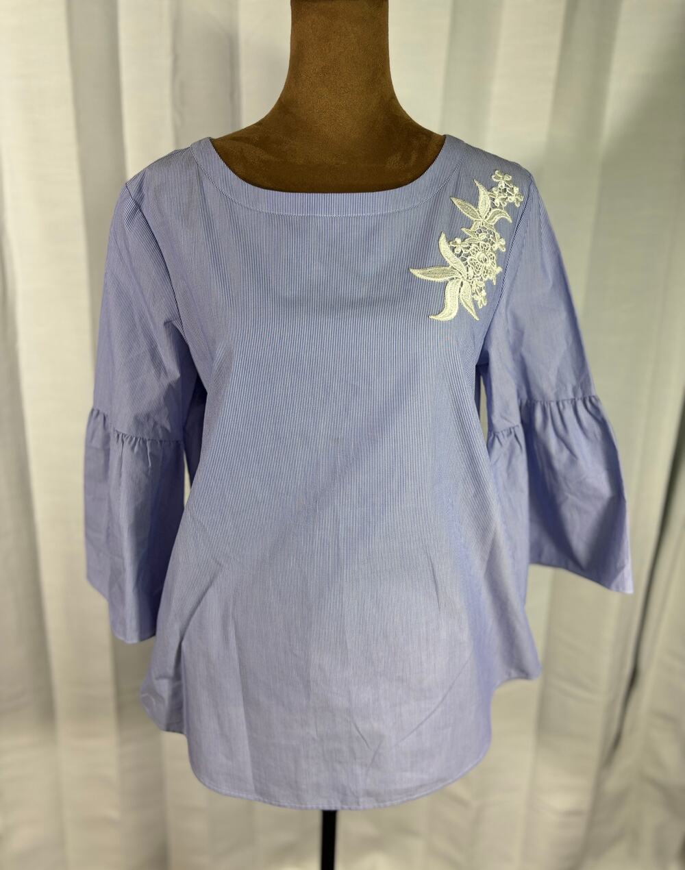 Van Heusen Baby Blue Pinstripe Embroidered Bell Sleeve Tunic Top S/P